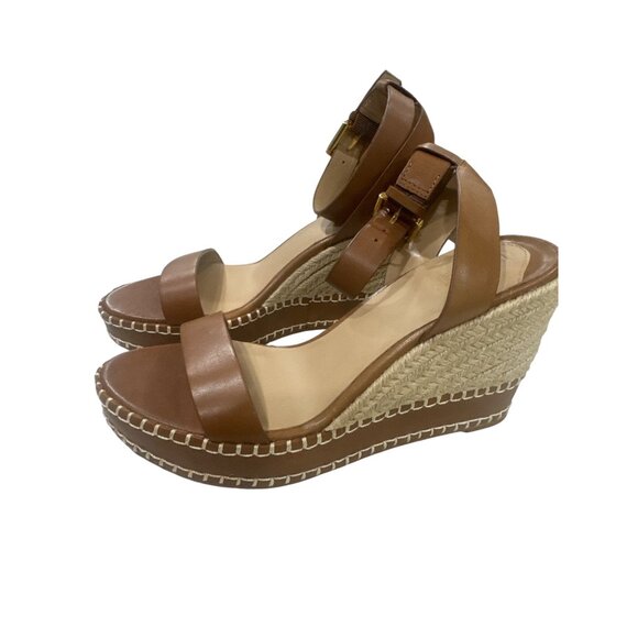 Ralph Lauren Womens Burnished Calf Leather Wedge Sandals 8.5 B Tan With Braided - Picture 1 of 7